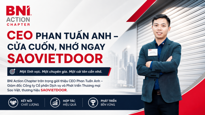 CEO PHAN TUẤN ANH – CỬA CUỐN, NHỚ NGAY SAOVIETDOOR Một lĩnh vực. Một chuyên gia. Một cái tên cần nhớ. BNI Action Chapter trân trọng giới thiệu CEO Phan Tuấn Anh – Giám đốc Công ty Cổ phần Dịch vụ và Phát triển Thương mại Sao Việt, thương hiệu SAOVIETDOOR. Tại BNI Action, lĩnh vực của anh rất rõ: CỬA CUỐN. Không vòng vo. Không ôm quá nhiều ngành nghề. Khách hàng cần cửa cuốn – motor – lưu điện – phụ kiện – lắp đặt – sửa chữa – bảo trì, hãy nghĩ đến Phan Tuấn Anh – SAOVIETDOOR. Đó cũng chính là cách BNI tạo referral hiệu quả: Nghe đúng nhu cầu → Nhớ đúng chuyên gia → Kết nối đúng người → Hành động ngay. PHAN TUẤN ANH – XÂY GIÁ TRỊ TỪ MỘT LĨNH VỰC RẤT THỰC TẾ Một bộ cửa cuốn nhìn bên ngoài có vẻ đơn giản. Nhưng để vận hành an toàn – ổn định – bền – phù hợp công trình, phía sau là cả một hệ thống gồm: Nan cửa. Ray cửa. Trục. Motor. Bộ điều khiển. Bộ lưu điện. Thiết bị an toàn. Kết cấu lắp đặt. Công tác căn chỉnh và nghiệm thu. Chỉ cần một mắt xích không phù hợp, trải nghiệm sử dụng có thể hoàn toàn khác. Vì vậy, CEO Phan Tuấn Anh không bắt đầu bằng câu hỏi: “Anh muốn mua loại cửa nào?” Mà bắt đầu từ bài toán: “Công trình của anh cần gì?” Nhà phố cần an toàn, thẩm mỹ và tiện lợi. Showroom, cửa hàng cần đóng mở ổn định, vận hành nhanh. Kho xưởng và nhà máy cần độ bền, khả năng vận hành với tần suất cao, kích thước lớn và phương án bảo trì dài hạn. Tư duy của SAOVIETDOOR rất rõ Không cố bán loại cửa đắt nhất – mục tiêu là tư vấn loại cửa phù hợp nhất với nhu cầu thực tế của khách hàng. Đó là cách HÀNH ĐỘNG tạo nên giá trị. SAOVIETDOOR – KHÔNG CHỈ BÁN CỬA CUỐN SAOVIETDOOR là thương hiệu thuộc Công ty Cổ phần Dịch vụ và Phát triển Thương mại Sao Việt, hoạt động từ năm 2011. Doanh nghiệp cung cấp các giải pháp cửa cuốn cho nhiều nhóm công trình dân dụng, thương mại và công nghiệp, đồng thời cung cấp motor, lưu điện, điều khiển, phụ kiện và các dịch vụ kỹ thuật liên quan. Các dòng cửa cuốn SAOVIETDOOR cung cấp Cửa cuốn khe thoáng Phù hợp với: Nhà phố. Biệt thự. Gara. Cửa hàng. Showroom. Dòng cửa này hướng đến sự cân bằng giữa thẩm mỹ – an toàn – thông thoáng. Cửa cuốn tấm liền Phù hợp cho: Cửa hàng. Ki-ốt. Gara. Kho hàng. Công trình cần đóng mở nhanh. Ưu điểm là thiết kế gọn, vận hành thuận tiện và có nhiều lựa chọn cấu hình. Cửa cuốn Đài Loan Dòng cửa quen thuộc tại nhiều cửa hàng, kho và công trình dân dụng, có nhiều lựa chọn về độ dày, màu sắc và mức đầu tư. Cửa cuốn khớp thoáng – mắc võng Phù hợp với những vị trí muốn duy trì: Khả năng quan sát. Lấy sáng. Thông thoáng. Độ mở thị giác của mặt tiền. Cửa cuốn siêu trường – cửa cuốn công nghiệp Hướng tới: Nhà xưởng. Nhà máy. Kho bãi. Gara lớn. Ô cửa kích thước lớn. Với nhóm công trình này, việc lựa chọn cần tính đồng bộ từ thân cửa, ray, trục đến motor, điều khiển, thiết bị an toàn và tần suất vận hành. Cửa cuốn chống bão và giải pháp chuyên dụng Được tư vấn theo điều kiện môi trường, kích thước cửa, kết cấu công trình và yêu cầu kỹ thuật cụ thể. Cửa cuốn chống cháy Phù hợp với một số nhà máy, kho bãi, trung tâm thương mại và công trình có yêu cầu về ngăn cháy; cấu hình cần căn cứ vào hồ sơ kỹ thuật và yêu cầu cụ thể của dự án. NHIỀU THƯƠNG HIỆU – MỘT MỤC TIÊU: CHỌN ĐÚNG GIẢI PHÁP SAOVIETDOOR tư vấn và cung cấp nhiều thương hiệu cửa cuốn tiêu biểu như: Austdoor Netdoor SSmarts Doortech Mitadoor Việc có nhiều lựa chọn giúp SAOVIETDOOR không bị giới hạn vào một hãng duy nhất. Điểm quan trọng không phải: “Hãng nào nổi tiếng nhất?” Mà là: “Hãng nào – cấu hình nào – mức đầu tư nào phù hợp nhất với công trình này?” Đó mới là tư duy của người làm giải pháp. MOTOR – LƯU ĐIỆN – ĐIỀU KHIỂN: CỬA TỐT PHẢI ĐỒNG BỘ Một bộ cửa tốt nhưng motor không đúng tải? Không ổn. Motor tốt nhưng bộ điều khiển và lưu điện không phù hợp? Vẫn không ổn. SAOVIETDOOR cung cấp và hỗ trợ: Motor cửa cuốn. Bộ lưu điện/UPS. Hộp điều khiển. Bộ nhận tín hiệu. Remote. Thiết bị đảo chiều. Cảm biến an toàn. Ray. Trục. Nan cửa. Ắc quy. Công tắc. Khóa. Phụ kiện thay thế. Một số giải pháp điều khiển thông minh. Khi lựa chọn motor hoặc lưu điện, đội ngũ xem xét tải trọng, tần suất sử dụng, khả năng tương thích và điều kiện vận hành thực tế. Đúng tải → Đúng thiết bị → Đúng vận hành. KHÔNG DỪNG LẠI Ở NGÀY BÀN GIAO Một trong những điểm đáng nhớ về SAOVIETDOOR là cách tiếp cận xuyên suốt vòng đời sản phẩm. Tư vấn và khảo sát Trước khi báo giải pháp, đội ngũ tìm hiểu: Mục đích sử dụng. Kích thước ô cửa. Tần suất đóng mở. Yêu cầu an toàn. Không gian lắp đặt. Nguồn điện. Kết cấu liên kết. Ngân sách đầu tư. Cung cấp và lắp đặt Quy trình được triển khai theo hướng: Tiếp nhận nhu cầu → Khảo sát → Tư vấn cấu hình → Báo giá → Triển khai → Lắp đặt → Căn chỉnh → Kiểm tra → Nghiệm thu → Hướng dẫn sử dụng → Bảo hành. Sửa chữa cửa cuốn SAOVIETDOOR hỗ trợ kiểm tra nhiều tình trạng như: Cửa không lên xuống. Cửa bị kẹt. Lệch nan. Cửa chạy nặng. Phát tiếng kêu. Motor yếu. Motor không hoạt động. Lỗi hành trình. Hỏng hộp điều khiển. Remote mất tín hiệu. Lưu điện xuống cấp. Hư hỏng ray, trục hoặc nan. Nguyên tắc: Tìm đúng nguyên nhân trước khi đưa ra phương án. Bảo trì định kỳ Đặc biệt phù hợp với: Showroom. Chuỗi cửa hàng. Kho. Nhà xưởng. Nhà máy. Công trình vận hành cửa với tần suất cao. Nâng cấp và thay thế phụ kiện Không nhất thiết phải thay toàn bộ cửa khi chỉ một phần hệ thống gặp vấn đề. SAOVIETDOOR hướng tới việc đánh giá phần nào còn tốt, phần nào cần thay và đầu tư đúng vào hạng mục thực sự cần thiết. CEO PHAN TUẤN ANH MANG ĐẾN GIÁ TRỊ GÌ? Khách hàng mua cửa cuốn không chỉ cần một bảng báo giá. Họ cần biết: Cửa nào phù hợp? Motor nào đủ tải? Lưu điện nào tương thích? Thi công như thế nào? Ai chịu trách nhiệm sau khi bàn giao? Định hướng mà CEO Phan Tuấn Anh xây dựng tại SAOVIETDOOR là trở thành một đầu mối xuyên suốt: từ tư vấn, cung cấp, triển khai đến bảo hành, sửa chữa, bảo trì và nâng cấp khi khách hàng cần. Bởi uy tín không chỉ được chứng minh vào ngày nghiệm thu. Uy tín được kiểm chứng sau 1 tháng, 1 năm và trong suốt quá trình sản phẩm vận hành. REFERRAL LÝ TƯỞNG CHO PHAN TUẤN ANH LÀ AI? Đây là phần quan trọng nhất với thành viên BNI Action Chapter. Đừng chỉ hỏi: “Ai đang mua cửa cuốn?” Hãy mở rộng radar referral. Hãy kết nối Phan Tuấn Anh khi gặp Chủ nhà đang xây mới hoặc sửa nhà. Khách hàng muốn thay cửa cuốn. Chủ cửa hàng. Chủ showroom. Chủ gara. Chủ kho. Chủ nhà xưởng. Chủ nhà máy. Doanh nghiệp có nhiều cửa cuốn cần bảo trì. Khách hàng cần motor hoặc lưu điện. Khách hàng cần điều khiển, remote hoặc phụ kiện. Người đang gặp sự cố cửa cuốn. Nhà thầu xây dựng. Kiến trúc sư. Đơn vị nội thất. Đơn vị cơ điện. Chủ đầu tư dự án. Câu referral cực dễ nhớ “Anh/chị đang cần cửa cuốn hoặc cần xử lý hệ thống cửa cuốn thì tôi kết nối với Tuấn Anh – SAOVIETDOOR để tư vấn.” Đơn giản vậy thôi. Không cần bán hàng thay Tuấn Anh. Việc của chúng ta là phát hiện nhu cầu và tạo kết nối. CEO PHAN TUẤN ANH MUỐN KẾT NỐI VỚI NHỮNG ĐỐI TÁC NÀO? Những Power Team và nhóm đối tác rất phù hợp gồm: Kiến trúc sư. Công ty thiết kế. Công ty nội thất. Nhà thầu xây dựng. Nhà thầu công nghiệp. Chủ đầu tư. Công ty bất động sản. Đơn vị xây dựng nhà xưởng. Nhà thầu cơ điện. Đơn vị smarthome. Camera và an ninh. Nhà cung cấp thiết bị công trình. Ban quản lý tòa nhà. Ban quản lý nhà máy. Đơn vị kho vận. Chuỗi cửa hàng. Một mối quan hệ đúng có thể không chỉ tạo ra một đơn hàng. Nó có thể tạo ra hàng chục cơ hội kinh doanh trong nhiều năm. Đó mới là sức mạnh của BNI. CHẤT LƯỢNG KHÔNG NẰM Ở NGÀY CHỤP ẢNH NGHIỆM THU Một bộ cửa có thể rất đẹp khi vừa hoàn thiện. Nhưng câu hỏi thật sự là: 6 tháng sau cửa chạy thế nào? Motor có đúng tải không? Thiết bị an toàn có hoạt động ổn định không? Khi phát sinh sự cố, có người chịu trách nhiệm không? CEO Phan Tuấn Anh định hướng SAOVIETDOOR tập trung vào những việc rất thực tế: Tư vấn rõ → Cấu hình minh bạch → Khảo sát kỹ → Thi công đúng → Kiểm tra vận hành → Đồng hành sau bán hàng. Đó là cách biến một sản phẩm thành uy tín. Và biến một khách hàng thành mối quan hệ lâu dài. CỬA CUỐN – NHỚ TUẤN ANH SAOVIETDOOR BNI Action tin rằng referral tốt bắt đầu từ việc nhớ đúng người cho đúng nhu cầu. Vì vậy, hãy ghi nhớ một công thức rất đơn giản: CỬA CUỐN → PHAN TUẤN ANH → SAOVIETDOOR Có nhu cầu? Kết nối. Có công trình? Kết nối. Có đối tác xây dựng, kiến trúc, nội thất, nhà xưởng? Kết nối. Đừng để một referral tốt nằm mãi trong danh bạ. HÀNH ĐỘNG để THÀNH CÔNG! THÔNG TIN KẾT NỐI CEO PHAN TUẤN ANH CEO: Phan Tuấn Anh Chức vụ: Giám đốc – Công ty Cổ phần Dịch vụ và Phát triển Thương mại Sao Việt Thương hiệu: SAOVIETDOOR Lĩnh vực: Cửa cuốn – Motor – Lưu điện – Phụ kiện – Lắp đặt – Sửa chữa – Bảo trì Địa chỉ: Số 50C, ngõ 87, phố Láng Hạ, Đống Đa, Hà Nội Điện thoại CEO: 0389 596 999 Hotline: 0985 953 359 – 0858 338 558 Email: info.saovietdoor@gmail.com Website: https://saovietdoor.vn/ SAOVIETDOOR – TƯ VẤN ĐÚNG • GIẢI PHÁP PHÙ HỢP • ĐỒNG HÀNH LÂU DÀI BNI ACTION CHAPTER – HÀNH ĐỘNG ĐỂ THÀNH CÔNG BNI Action Chapter là cộng đồng doanh nhân cùng xây dựng mối quan hệ, trao cơ hội kinh doanh và phát triển bằng tinh thần hành động. Website: bniactionchapter.com Hotline: 0909.326.888 Email: bniactionhn2@gmail.com